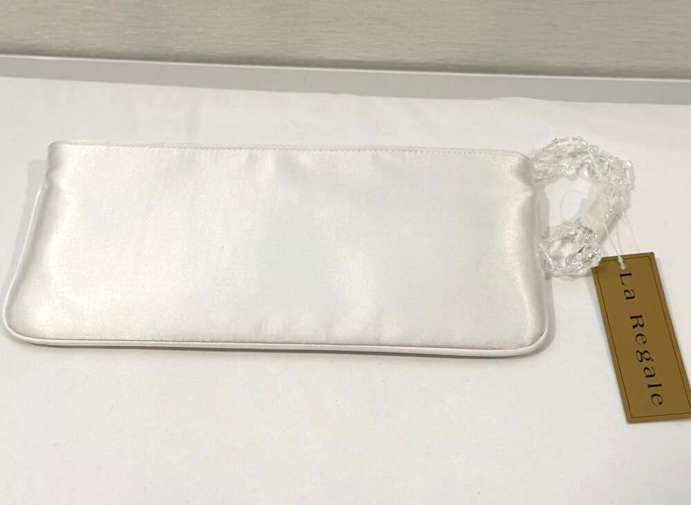 Elegant La Regale White Satin Clutch with Beaded Wristlet Strap 24127